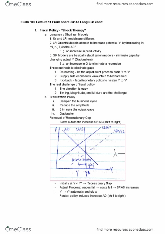 ECON 102 Lecture Notes - Lecture 11: Output Gap, Business Cycle cover image