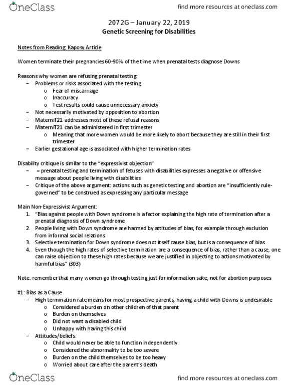 Disability Studies 2072F/G Lecture 3: Genetic Screening for Disabilities thumbnail