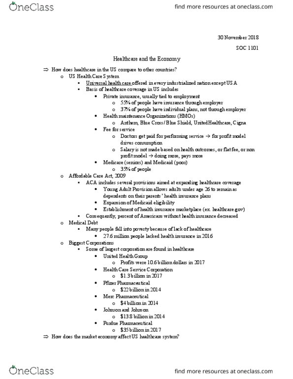 SOC 1101 Lecture Notes - Lecture 37: Health Care Service Corporation, Unitedhealth Group, Health Insurance Marketplace thumbnail