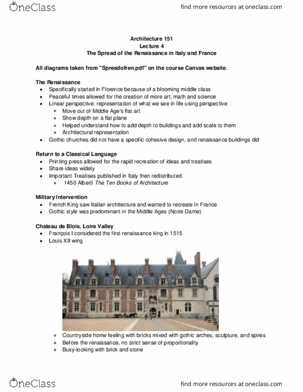 ARCH 151 Lecture Notes - Lecture 4: Château De Blois, Louis Xii Of France, Château De Chambord thumbnail