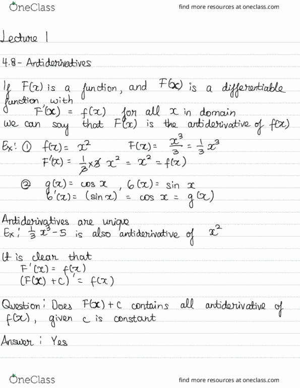 MAT 21B Lecture Notes - Lecture 1: Antiderivative, Integral Symbol, Foal thumbnail