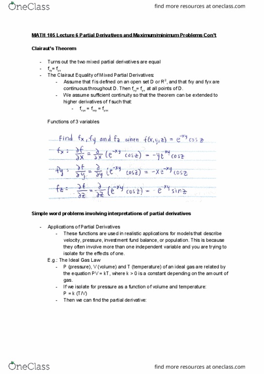 MATH 105 Lecture 6: MATH 105 Lecture 6 Partial Derivatives and Maximum_minimum Problems Con’t cover image