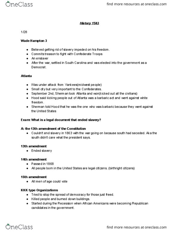 HIST 1502 Lecture Notes - Lecture 1: Thirteenth Amendment To The United States Constitution, Fourteenth Amendment To The United States Constitution, Fifteenth Amendment To The United States Constitution thumbnail