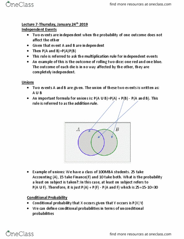 BUEC 232 Lecture Notes - Lecture 7: Conditional Probability, University Of Florida, Random Variable cover image