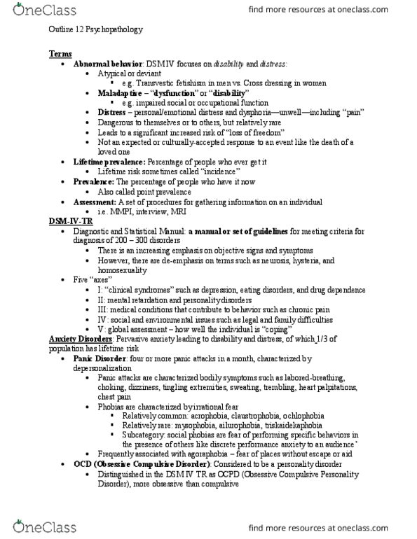CAS PS 101 Lecture Notes - Lecture 12: Obsessive–Compulsive Disorder, Transvestic Fetishism, Ailurophobia thumbnail