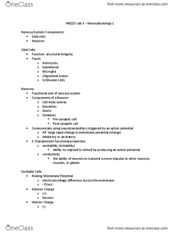 HN220 Lecture Notes - Lecture 3: Microglia, Oligodendrocyte, Neurotransmitter thumbnail