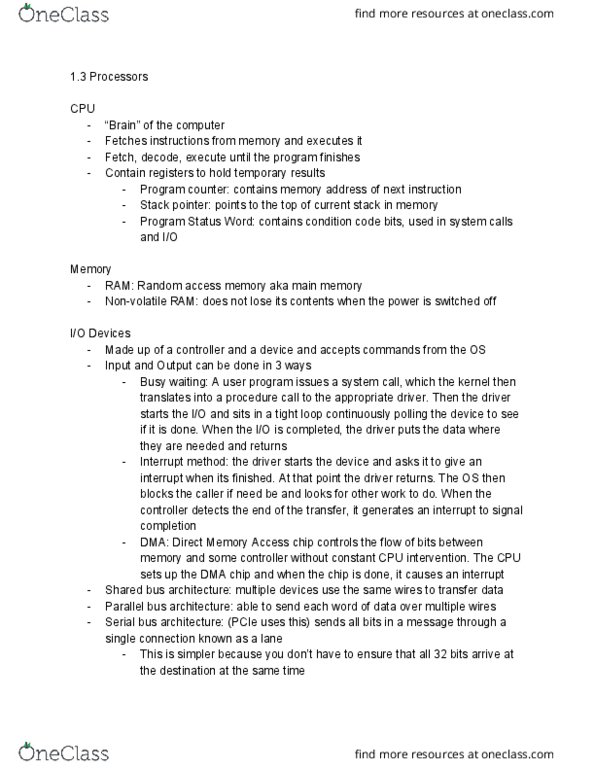 CSE 131 Chapter Notes - Chapter 1: Direct Memory Access, Random-Access Memory, Call Stack thumbnail