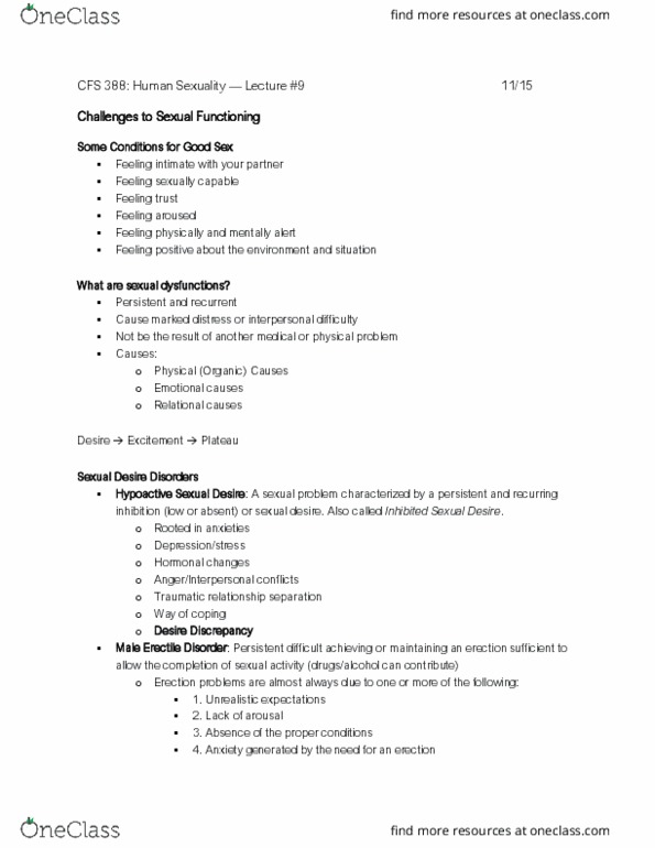 CFS 388 Lecture Notes - Lecture 8: Erectile Dysfunction, Dyspareunia, Vaginismus thumbnail