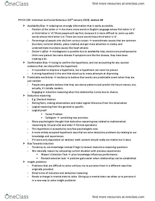 PSYCO105 Lecture Notes - Lecture 10: Confirmation Bias, Deductive Reasoning, Inductive Reasoning thumbnail