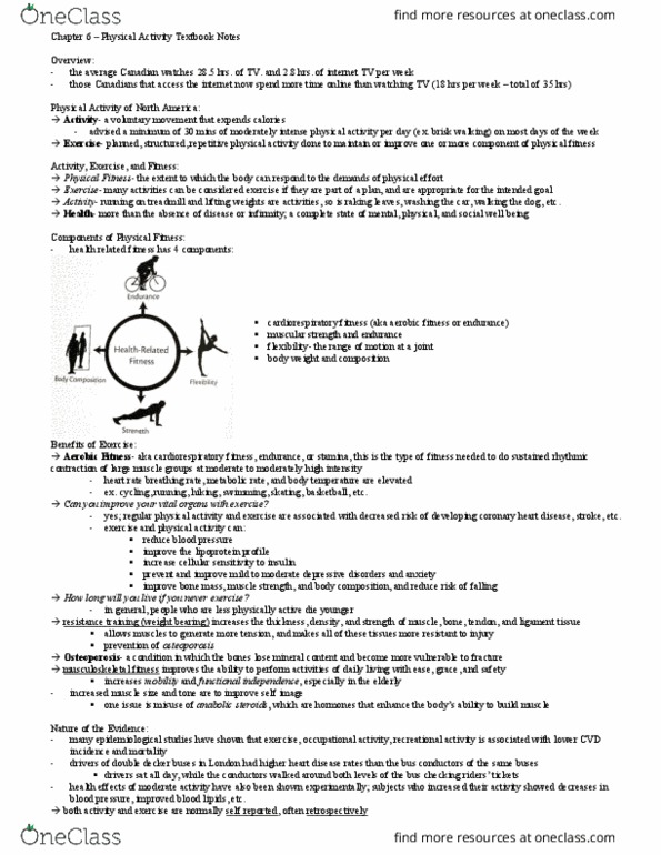 BPK 140 Chapter Notes - Chapter 6: Cardiorespiratory Fitness, Coronary Artery Disease, Aerobic Conditioning thumbnail