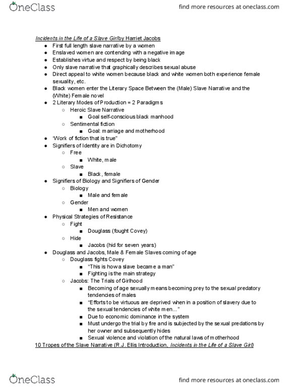 AF AMER 6 Lecture Notes - Lecture 6: Harriet Ann Jacobs, Slave Narrative, Sexual Maturity thumbnail