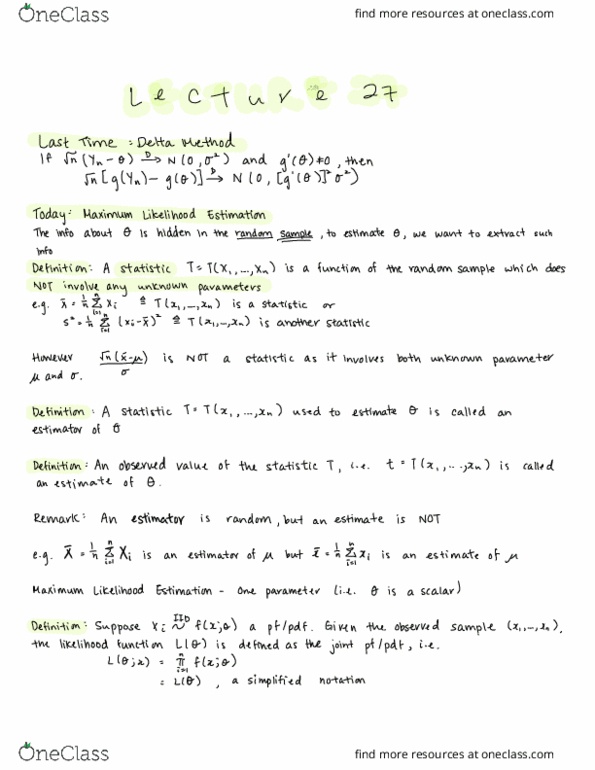 STAT330 Lecture Notes - Lecture 27: Maximum Likelihood Estimation, Delta Method, Likelihood Function thumbnail