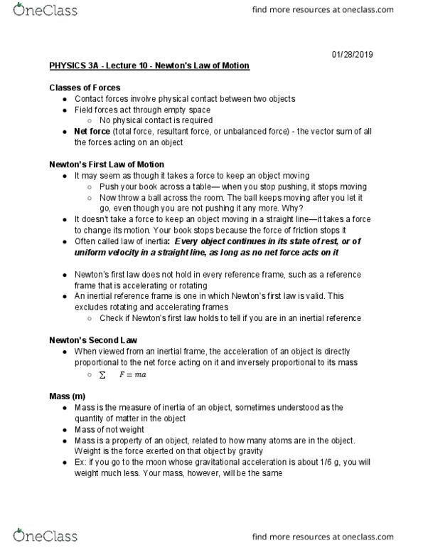 PHYSICS 3A Lecture 10: Newton's Law of Motion thumbnail