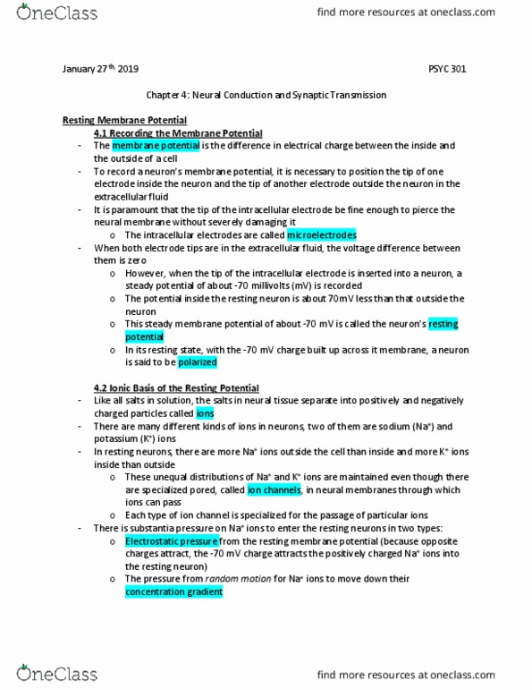 PSYC 301 Chapter Notes - Chapter 4: Resting Potential, Extracellular Fluid, Membrane Potential thumbnail