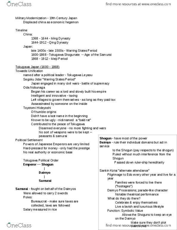 ASNS 1150 Lecture Notes - Hegemony, Meiji Period, Toyotomi Hideyoshi thumbnail
