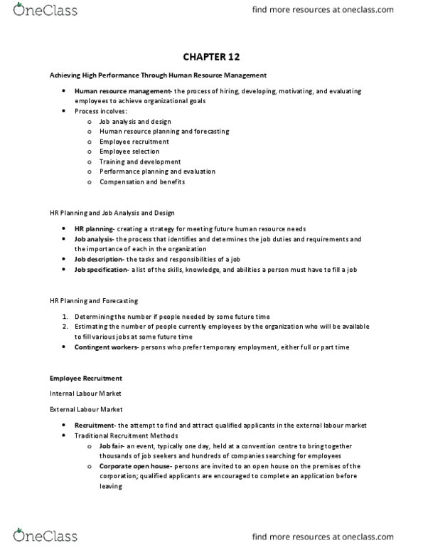 SGMA 217 Chapter Notes - Chapter 12: Human Resource Management, Job Analysis, Job Fair thumbnail
