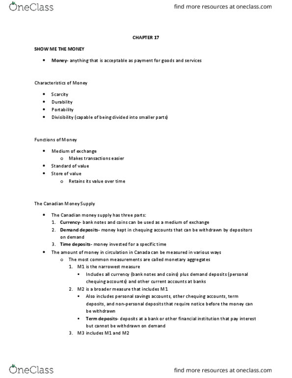 MGST 217 Chapter Notes - Chapter 17: Money Supply, Financial Institution, Trust Company thumbnail