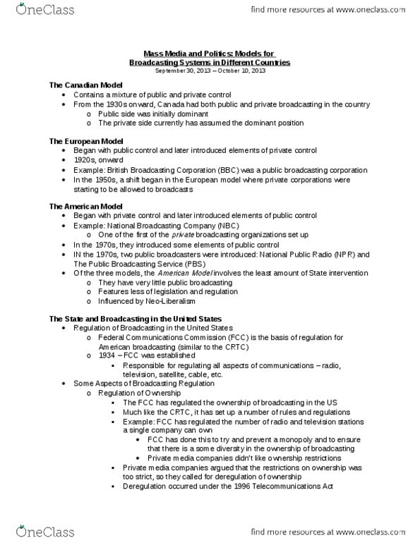 SOCIOL 2L03 Lecture Notes - Lecture 11: Nbc, Pbs, Telecommunications Act Of 1996 thumbnail