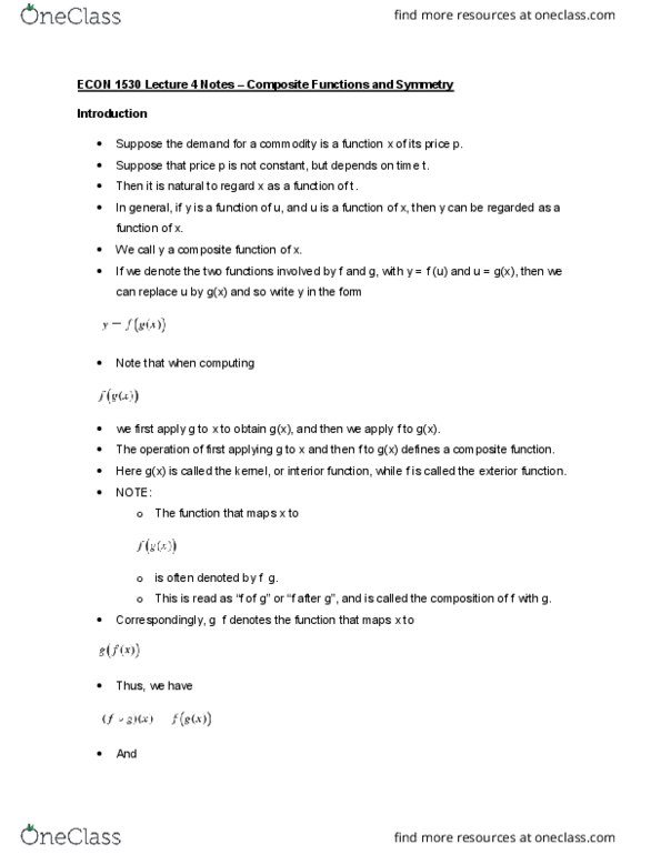 ECON 1530 Lecture 4: ECON 1530 Lecture 4 Notes – Composite Functions and Symmetry cover image