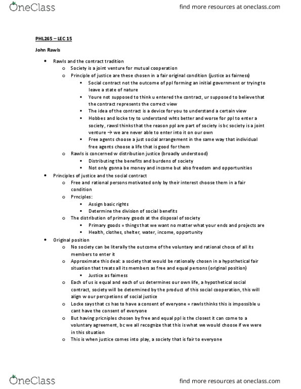 PHL265H5 Lecture Notes - Lecture 15: Original Position, Social Contract thumbnail