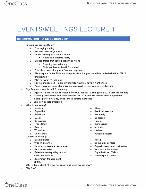 HTM 330 Lecture Notes - Lecture 1: Wedding Planner, Composite Video, Sound Recording And Reproduction thumbnail