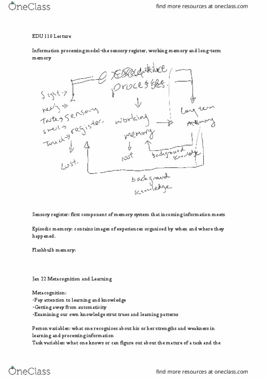EDU 110 Lecture Notes - Lecture 3: Flashbulb Memory, Episodic Memory, Metacognition thumbnail