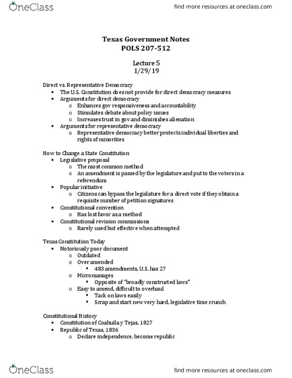 POLS 207 Lecture Notes - Lecture 5: Constitution Of Texas, Direct Democracy thumbnail