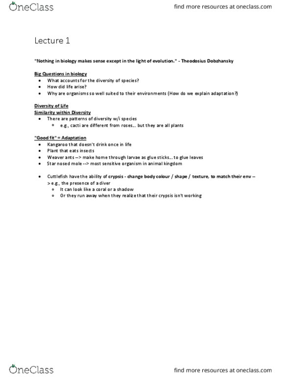 BIOB51H3 Lecture Notes - Lecture 1: Theodosius Dobzhansky, Crypsis, Cactus thumbnail