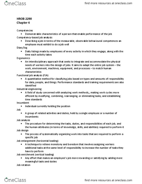 HROB 2290 Chapter Notes - Chapter 4: Job Enrichment, Job Analysis, Job Rotation thumbnail