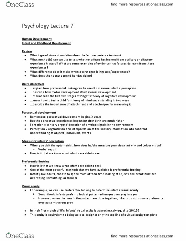 PSYA02H3 Lecture Notes - Lecture 7: Visual Acuity, Teratology, Mary Ainsworth thumbnail