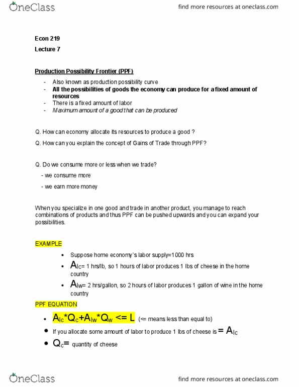 ECON 219 Lecture Notes - Lecture 7: Absolute Advantage, Opportunity Cost, Gie thumbnail