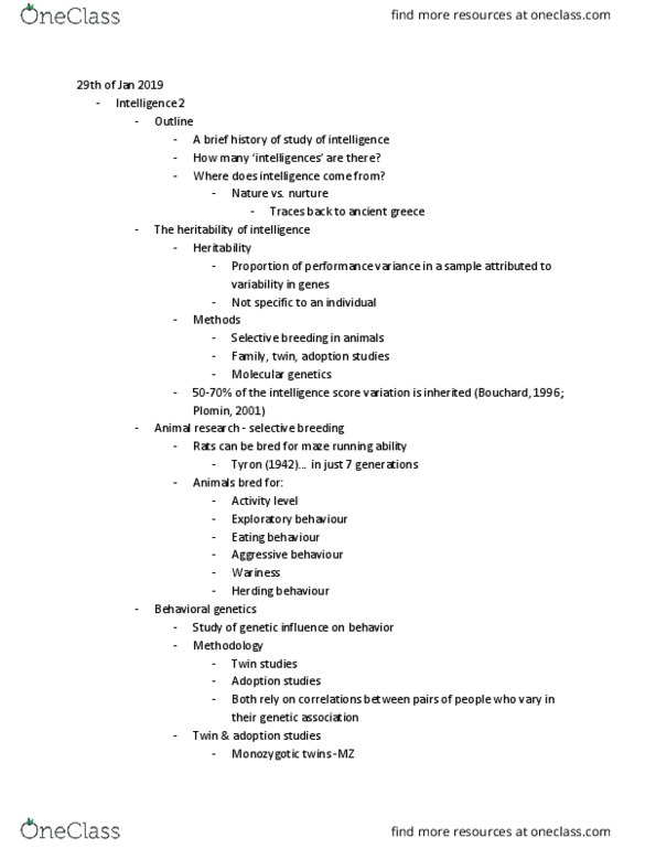 PSYC 102 Lecture Notes - Lecture 8: Twin Study, Molecular Genetics, Behavioural Genetics cover image