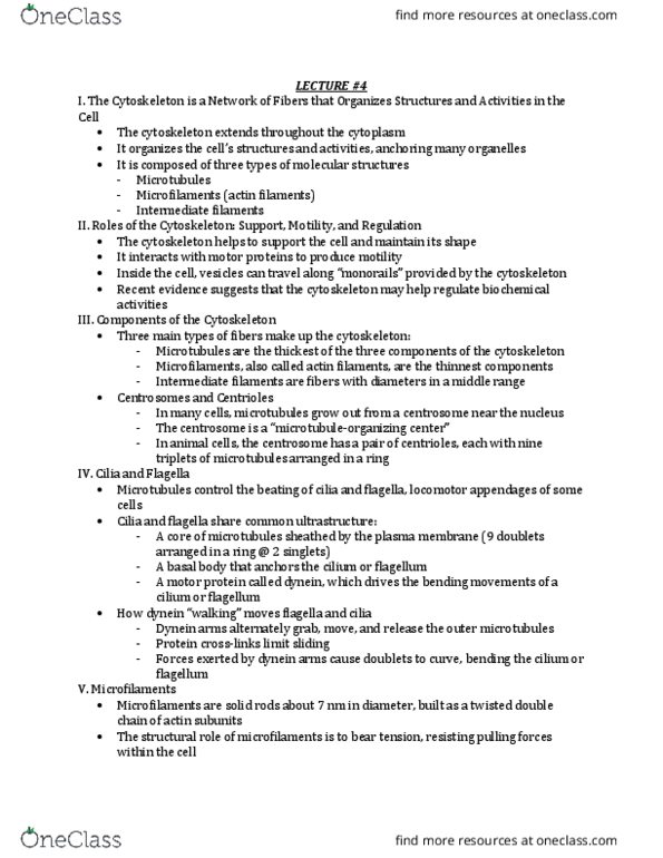 BIOLOGY 1A Lecture Notes - Lecture 4: Cilium, Dynein, Microfilament thumbnail