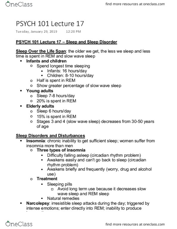 PSYCH 101 Lecture Notes - Lecture 17: Slow-Wave Sleep, Circadian Rhythm, Sleep Disorder cover image