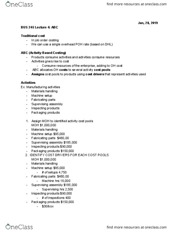 BUS 254 Lecture Notes - Lecture 4: Activity-Based Costing, Cost Driver, European Cooperation In Science And Technology thumbnail