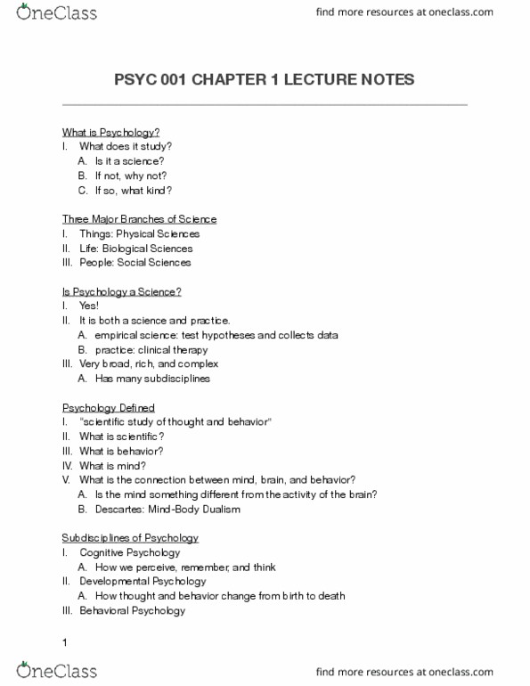 PSYC 001 Lecture 1: Chapter 1 Lecture Notes thumbnail
