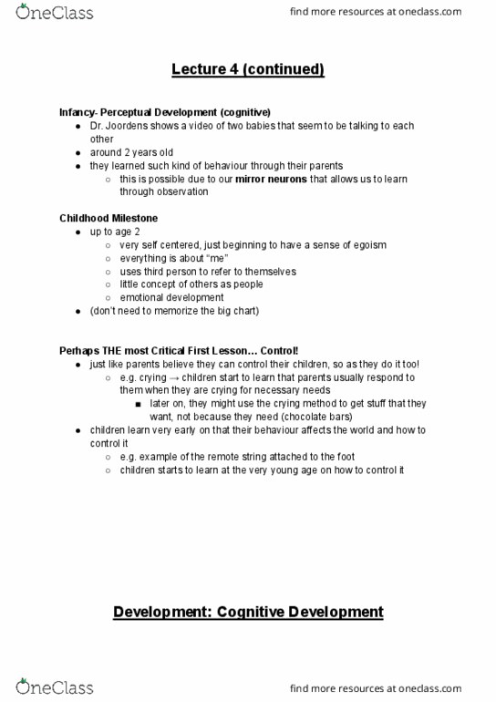 PSYA02H3 Lecture Notes - Lecture 5: Mirror Neuron, Schizophrenia, Object Permanence cover image