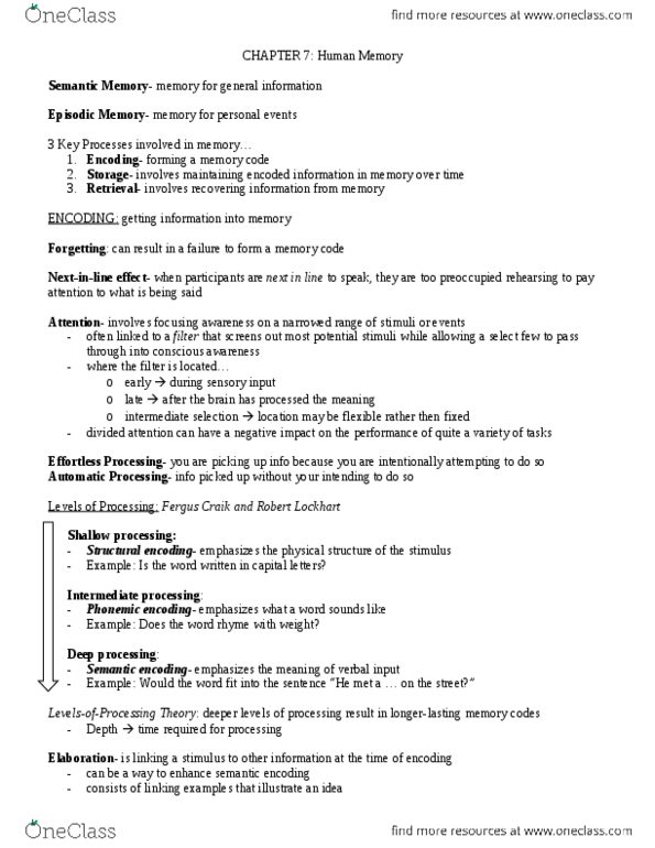PS102 Chapter Notes - Chapter 7: Neural Pathway, Overlearning, Semantic Network thumbnail