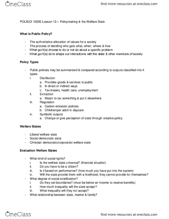 Political Science 1020E Lecture 12: Policymaking & The Welfare State thumbnail