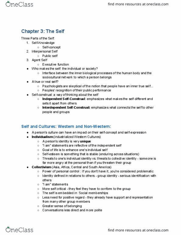 PSYC 3402 Lecture 5: Chapter 3 The Self - Lecture 5 Notes thumbnail