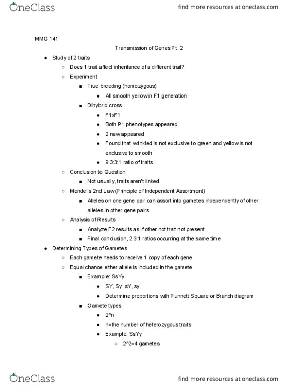 MMG 141 Lecture Notes - Lecture 7: Punnett Square, Dihybrid Cross, Gamete thumbnail