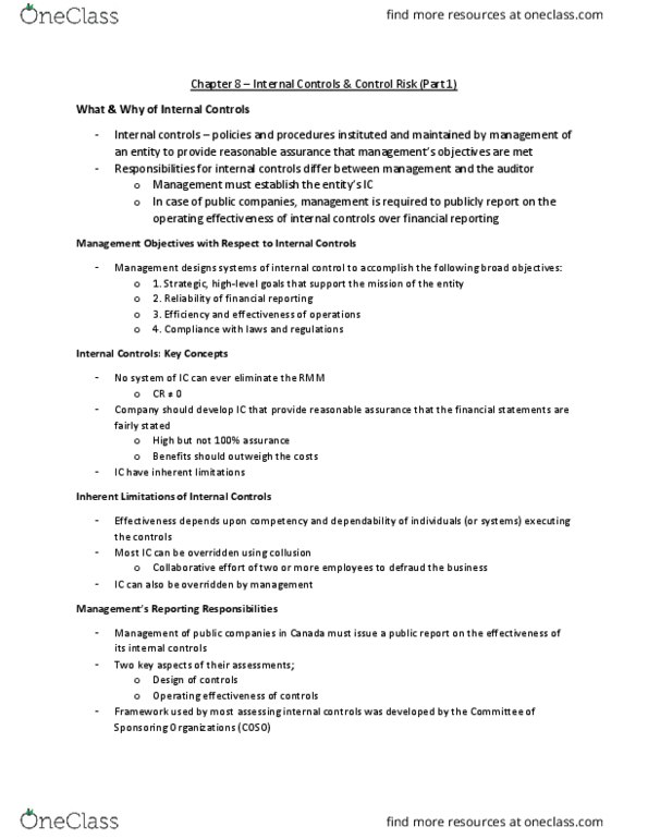 ACTG 3P11 Chapter Notes - Chapter 8: Audit Risk, Internal Control, Financial Statement thumbnail