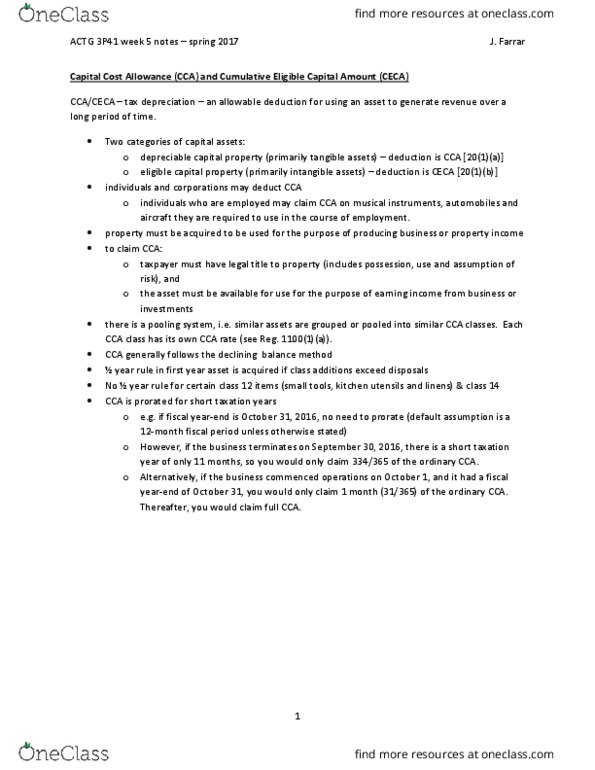 ACTG 3P41 Lecture Notes - Lecture 5: Tax, Capital Cost Allowance, Intangible Asset thumbnail