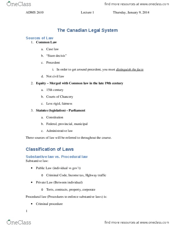 ADMS 2610 Lecture Notes - Procedural Law, Substantive Law thumbnail