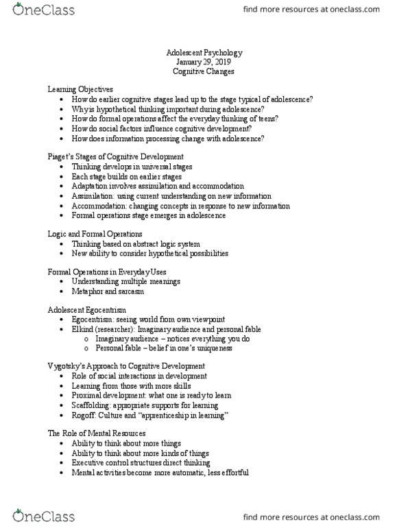 PSYCH 3AB3 Lecture 10: Cognitive Changes CH3 - Jan 29 thumbnail