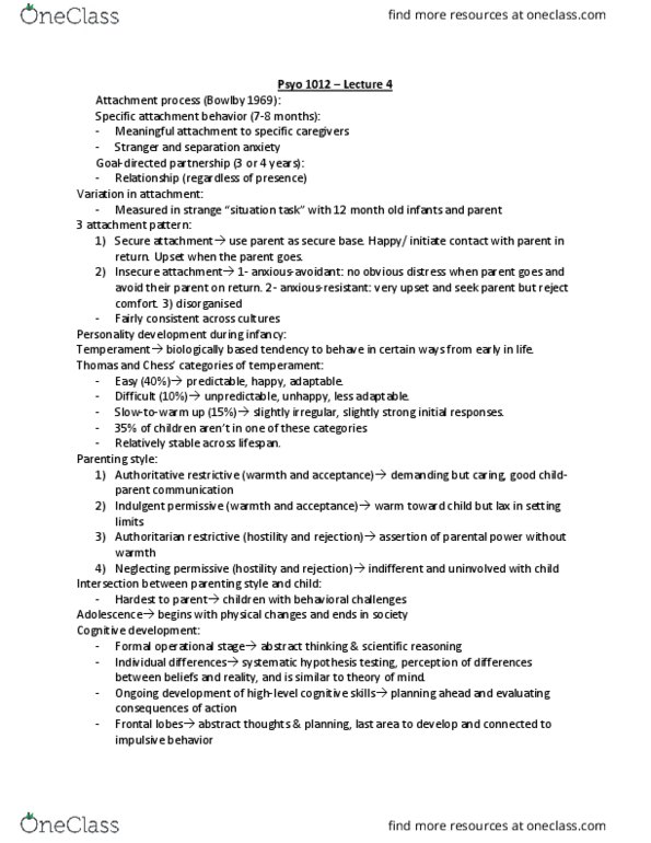 PSYO 1012 Lecture Notes - Lecture 4: Parenting Styles, John Bowlby, Personality Development thumbnail