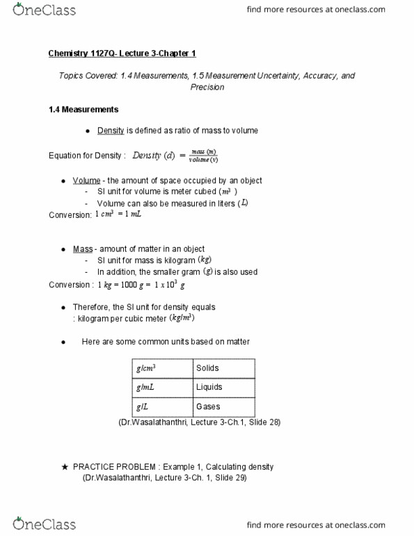 CHEM 1127Q Lecture Notes - Lecture 3: Kilogram, Horse Length, Significant Figures cover image