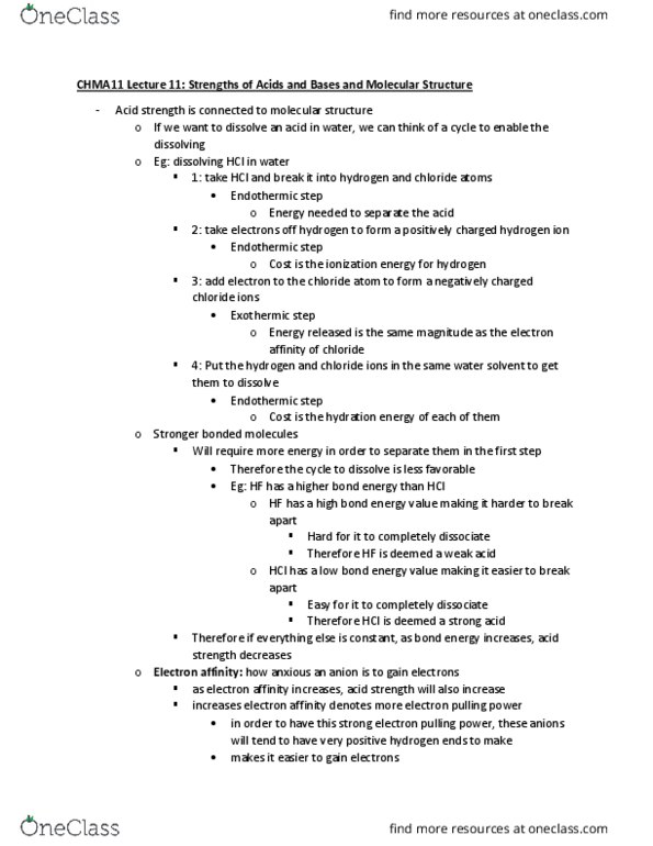 CHMA11H3 Lecture Notes - Lecture 11: Electron Affinity, Acid Strength, Bond Energy cover image