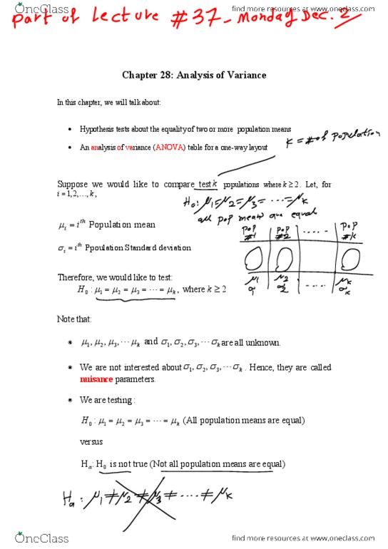 BIOL499A Chapter Notes - Chapter 28: Simple Random Sample, Analysis Of Variance, Grou thumbnail