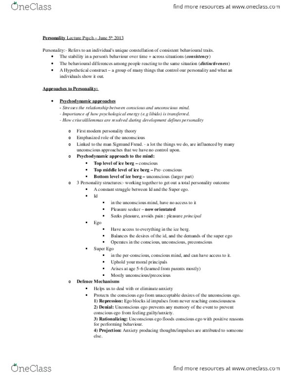 PSYCH 1X03 Lecture Notes - Extraversion And Introversion, Neuroticism, Conscientiousness thumbnail